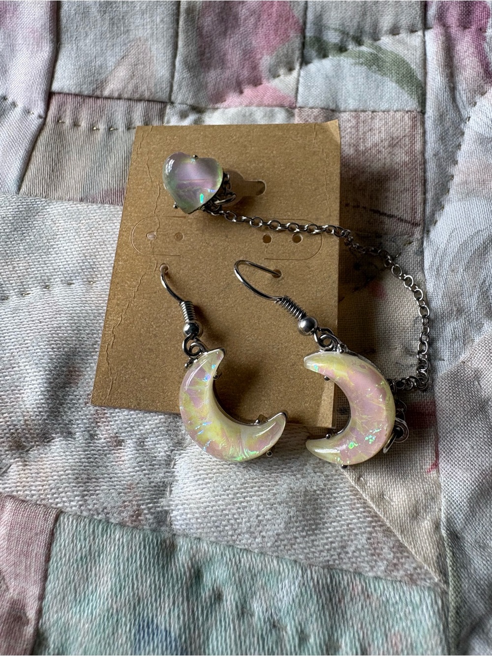 Iridescent Pink Moon & Heart Dangle Earrings Set